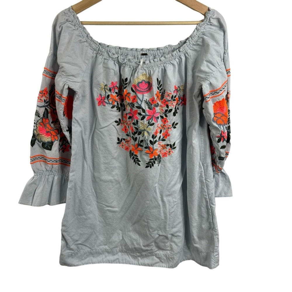 Free People Floral Embroidered Denim mini dress Cotton Gray shirt SZ S Women